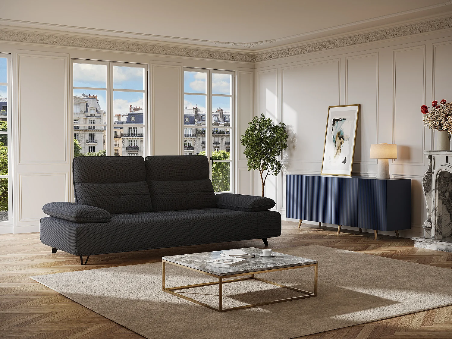 Canapé 3 places en tissu 3D gris anthracite avec dossier avance-recule MERCOTA