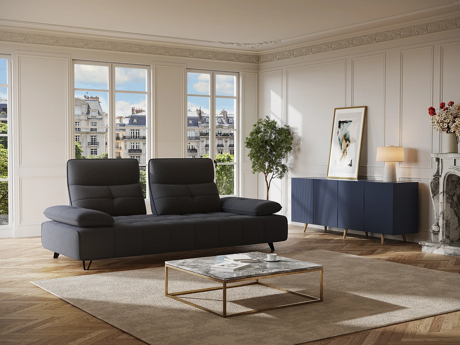 Canapé 3 places en tissu 3D gris anthracite avec dossier avance-recule MERCOTA