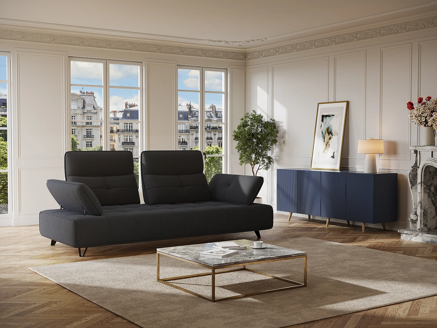 Canapé 3 places en tissu 3D gris anthracite avec dossier avance-recule MERCOTA