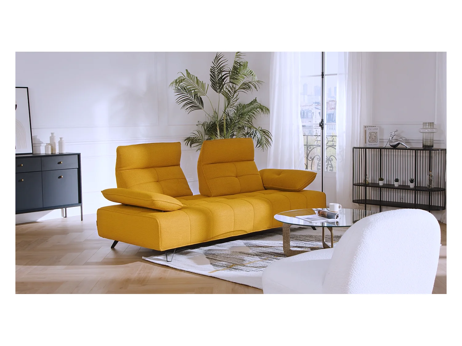 Sofá de 3 lugares em tecido 3D cinza antracite com encosto função avanço-recuo - MERCOTA