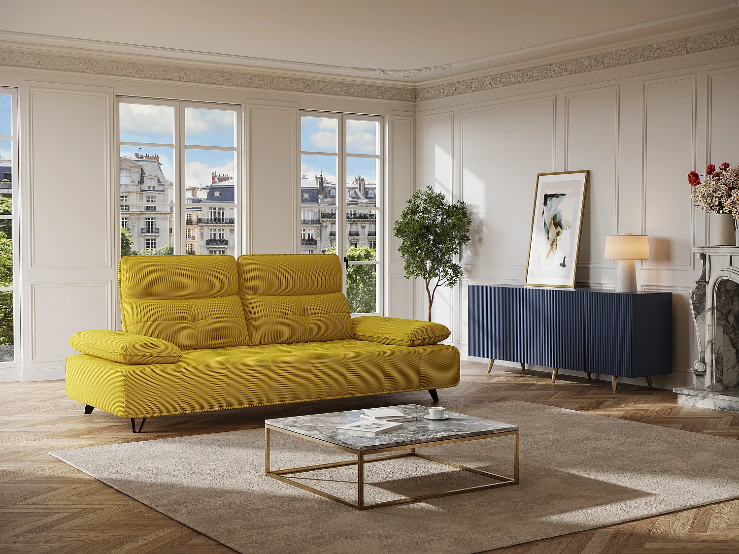 Sofa 3-Sitzer mit verstellbarer Rückenlehne - 3D-Stoff - Gelb - MERCOTA