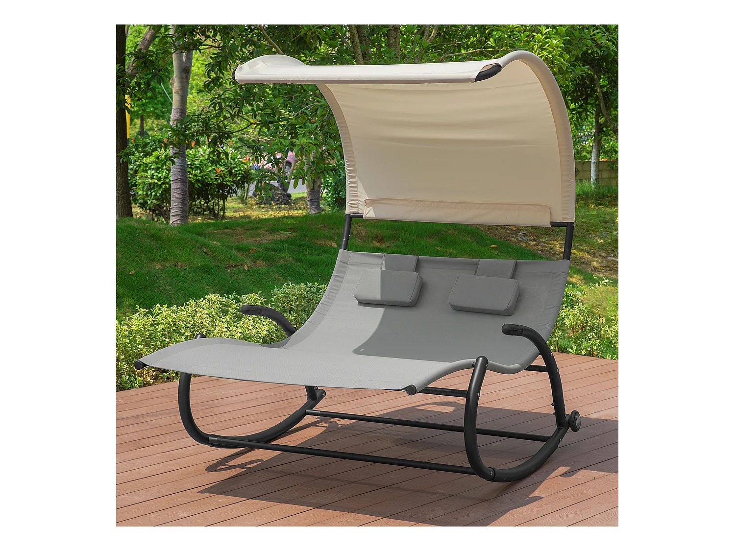 SoBuy OGS50-HG 2-zits schommelligstoel met luifel en 2 zwenkwielen Ergonomisch rugleuningkussen meegeleverd - Max. 300kg - Grijs