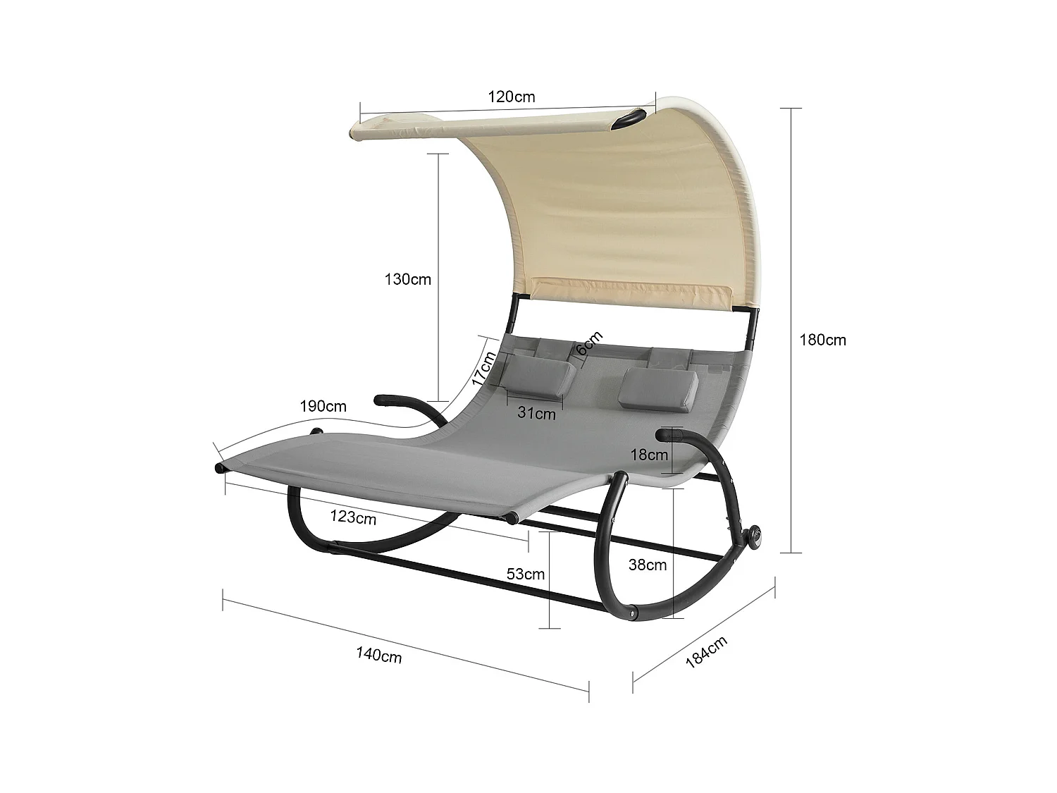 SoBuy OGS50-HG 2-zits schommelligstoel met luifel en 2 zwenkwielen Ergonomisch rugleuningkussen meegeleverd - Max. 300kg - Grijs