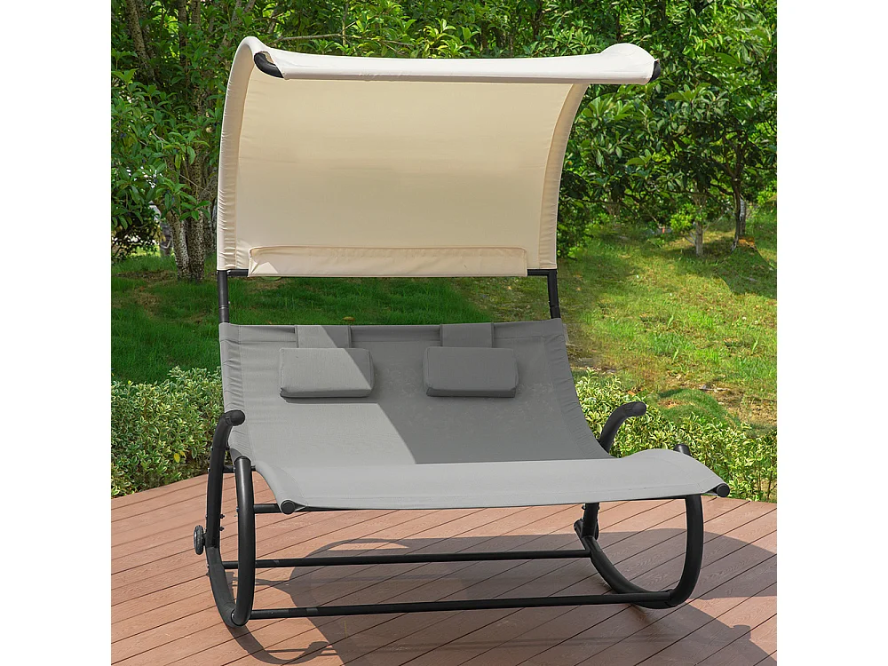 SoBuy OGS50-HG 2-zits schommelligstoel met luifel en 2 zwenkwielen Ergonomisch rugleuningkussen meegeleverd - Max. 300kg - Grijs