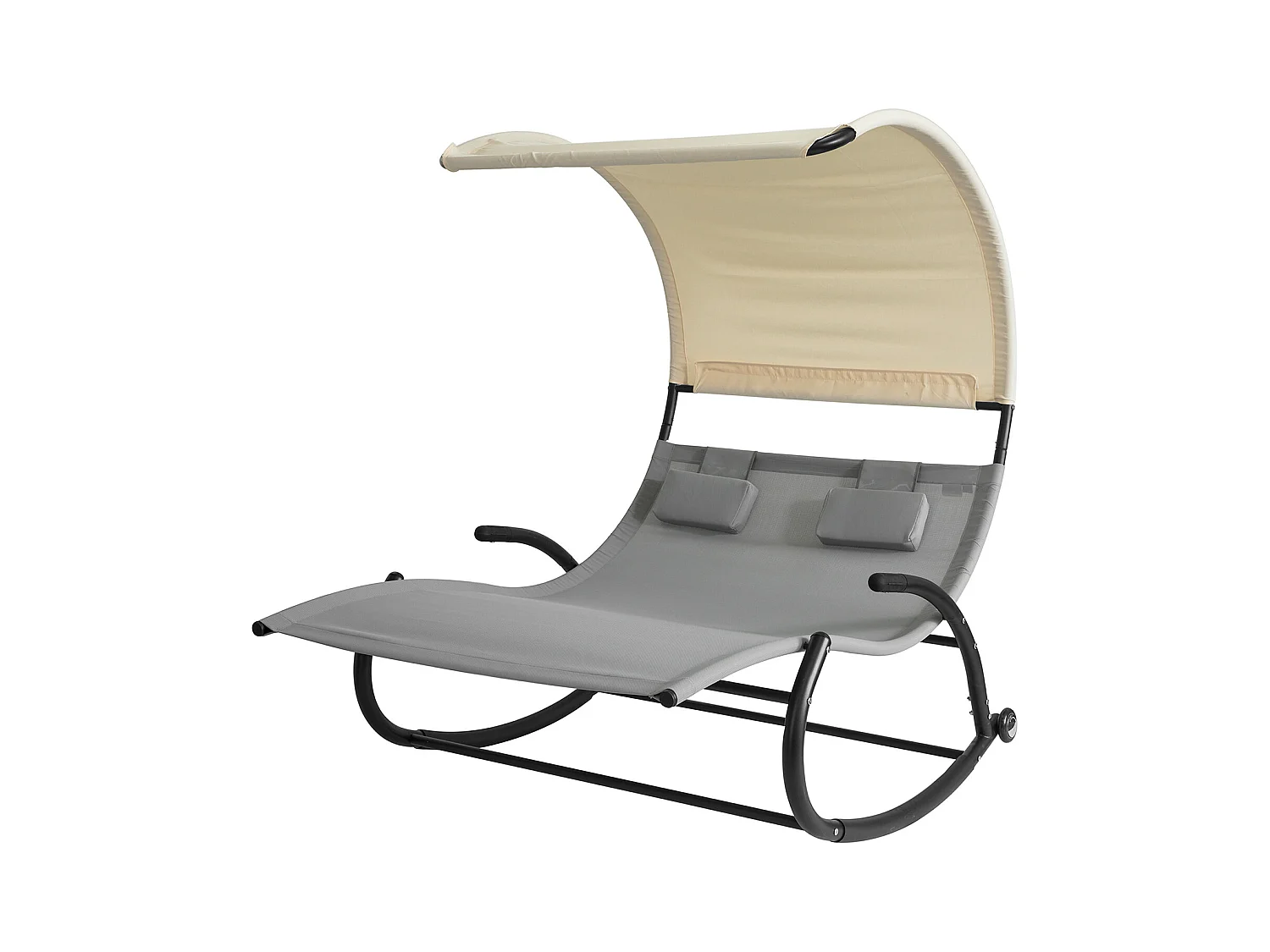 SoBuy OGS50-HG Bain de Soleil Transat à Bascule 2 Places avec Auvent et 2 roulettes Assise Dossier Ergonomiques Oreiller Fourni - Charge Max. 300kg - Gris