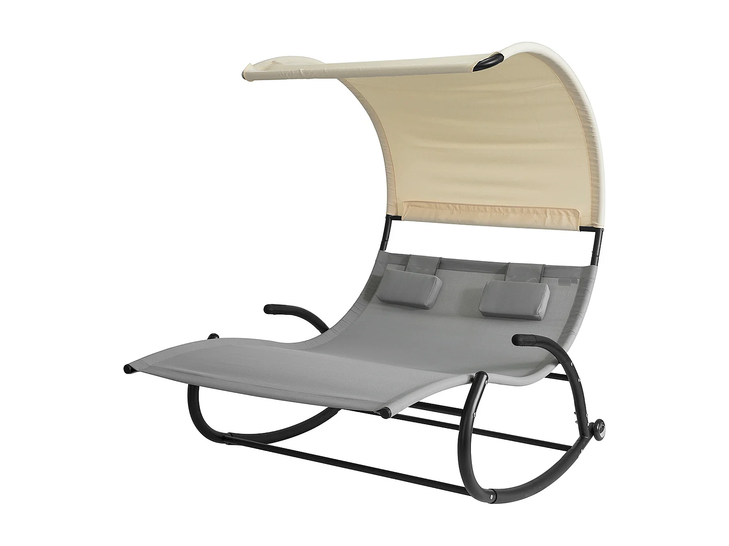 SoBuy OGS50-HG Bain de Soleil Transat à Bascule 2 Places avec Auvent et 2 roulettes Assise Dossier Ergonomiques Oreiller Fourni - Charge Max. 300kg - Gris