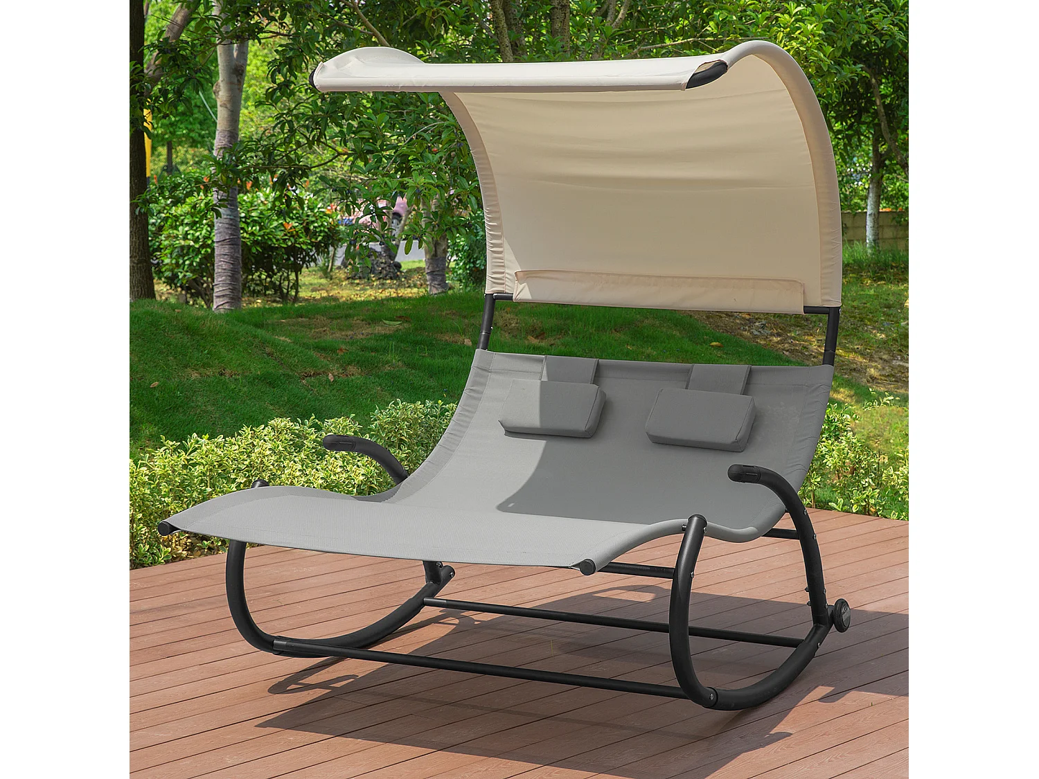 SoBuy OGS50-HG Bain de Soleil Transat à Bascule 2 Places avec Auvent et 2 roulettes Assise Dossier Ergonomiques Oreiller Fourni - Charge Max. 300kg - Gris