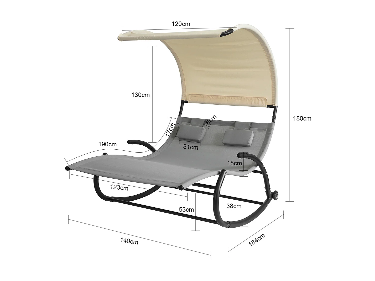 SoBuy OGS50-HG Bain de Soleil Transat à Bascule 2 Places avec Auvent et 2 roulettes Assise Dossier Ergonomiques Oreiller Fourni - Charge Max. 300kg - Gris