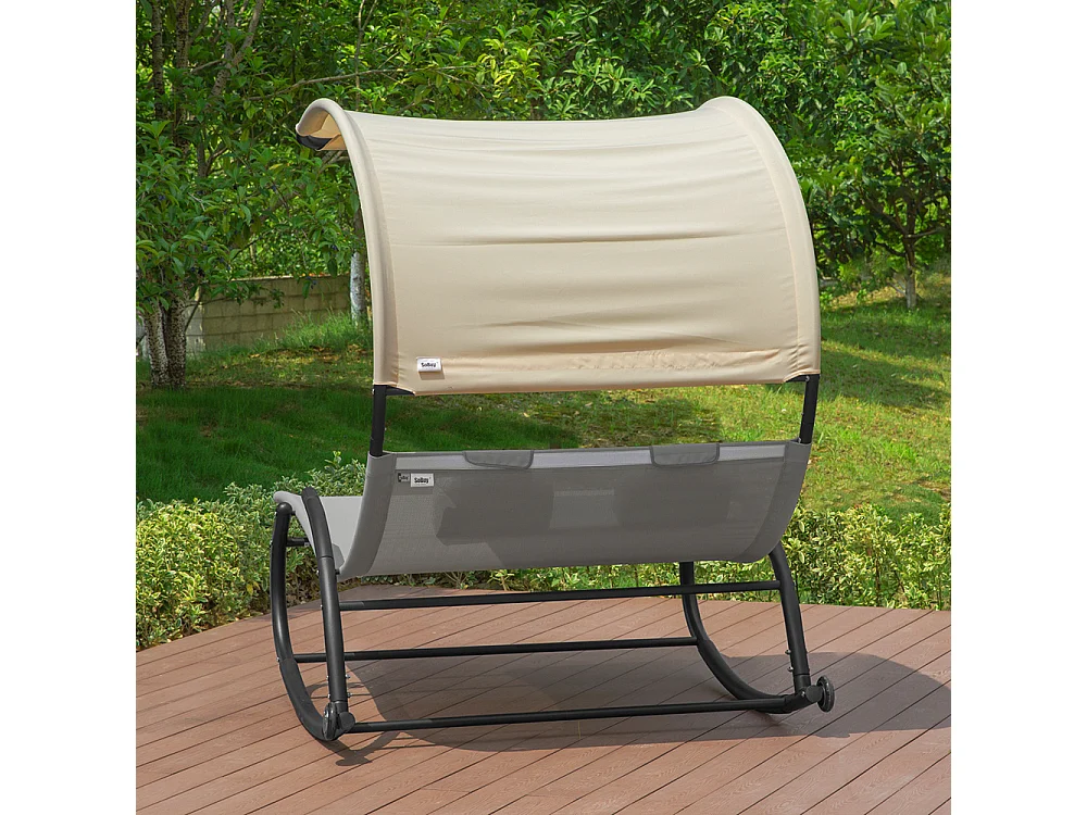 SoBuy OGS50-HG Bain de Soleil Transat à Bascule 2 Places avec Auvent et 2 roulettes Assise Dossier Ergonomiques Oreiller Fourni - Charge Max. 300kg - Gris