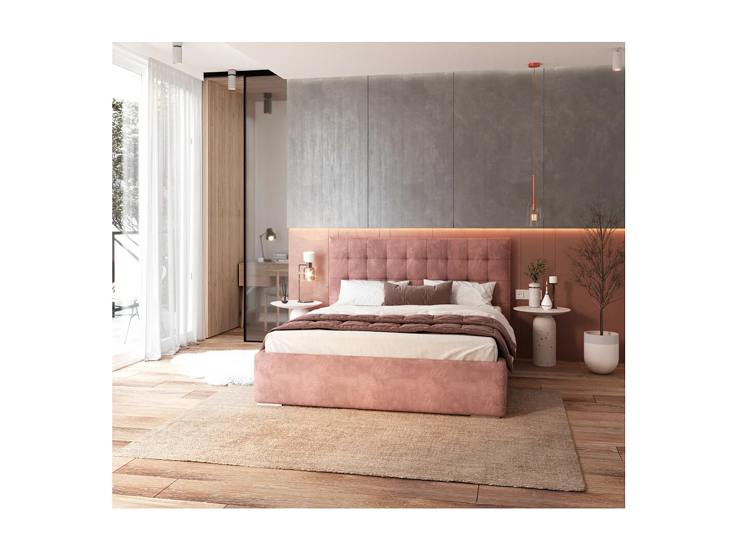 Lit coffre LUCERNO 160 x 200 cm avec sommier à lattes relevable Saumon