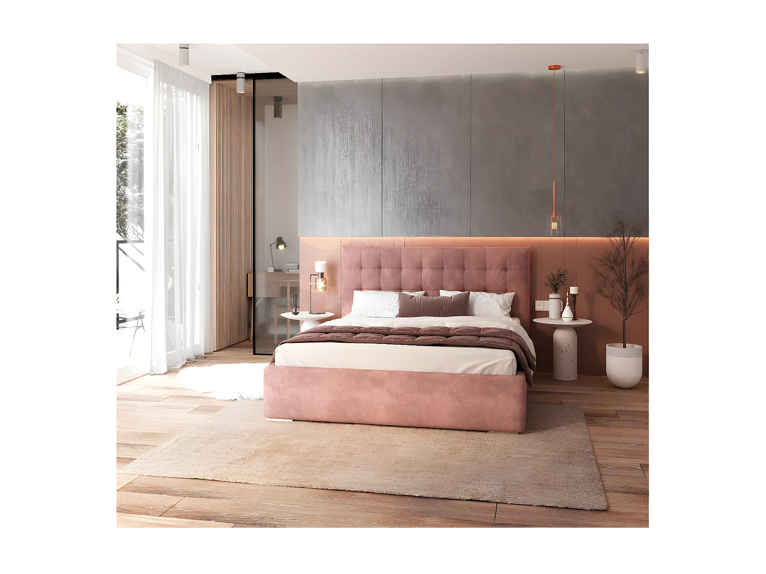 Lit coffre LUCERNO 140 x 200 cm avec sommier à lattes relevable Saumon