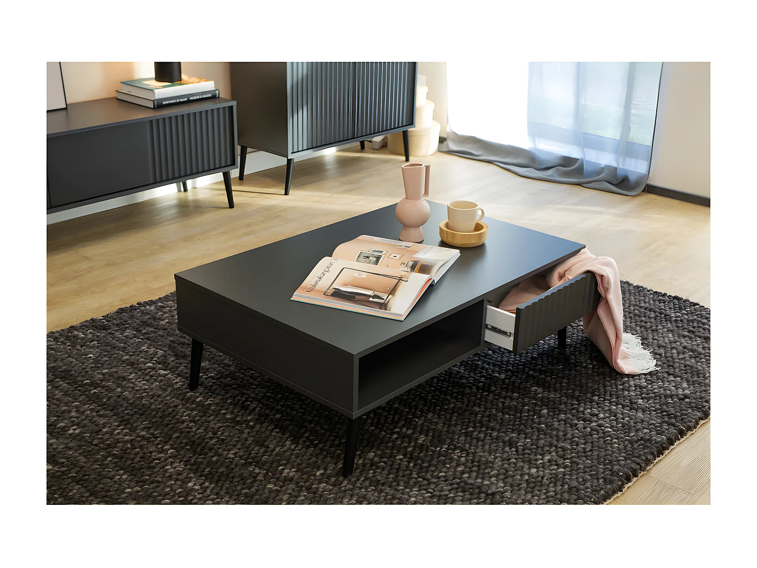 Table basse BARCELONA - 1 Tiroir - 1 Niche Gris