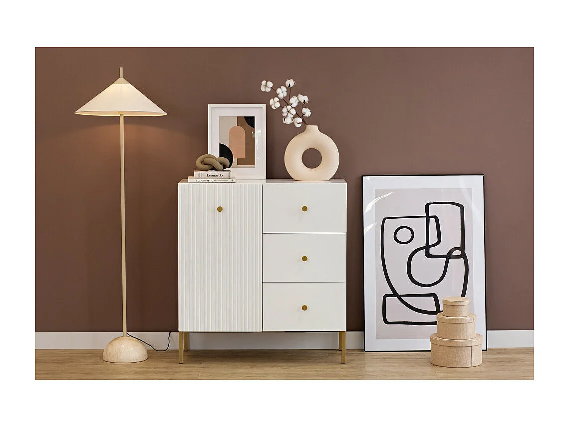 Buffet VIENA 1 Portes - 3 Tiroirs Blanc - Doré