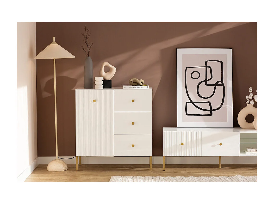 Buffet VIENA 1 Portes - 3 Tiroirs Blanc - Doré
