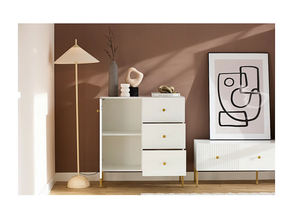 Buffet VIENA 1 Portes - 3 Tiroirs Blanc - Doré