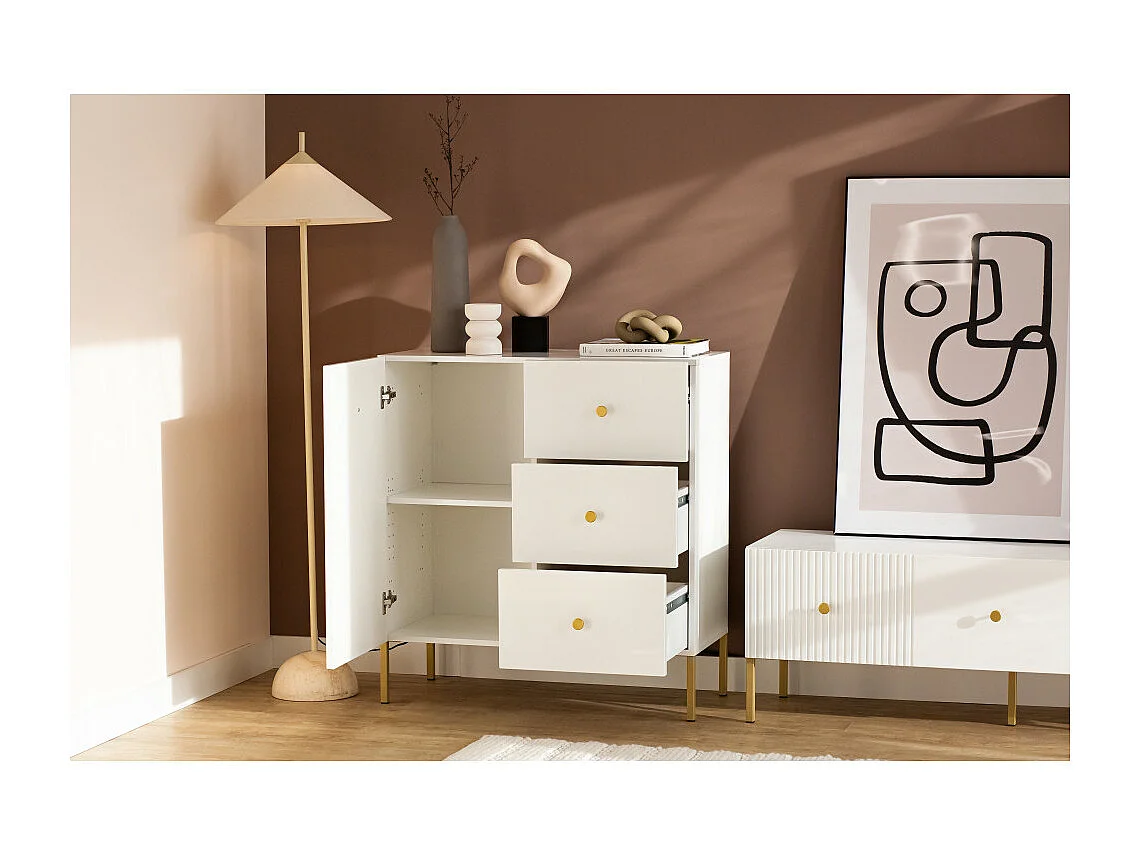 Buffet VIENA 1 Portes - 3 Tiroirs Blanc - Doré