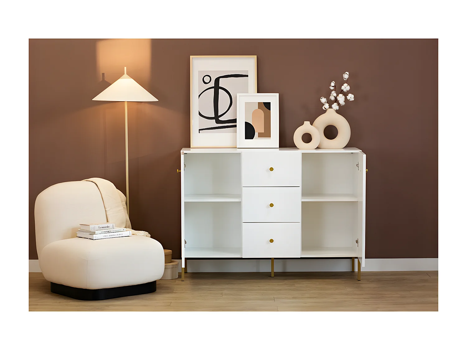 BUFFET BAS VIENA 2 Portes - 3 Tiroirs Blanc - Doré