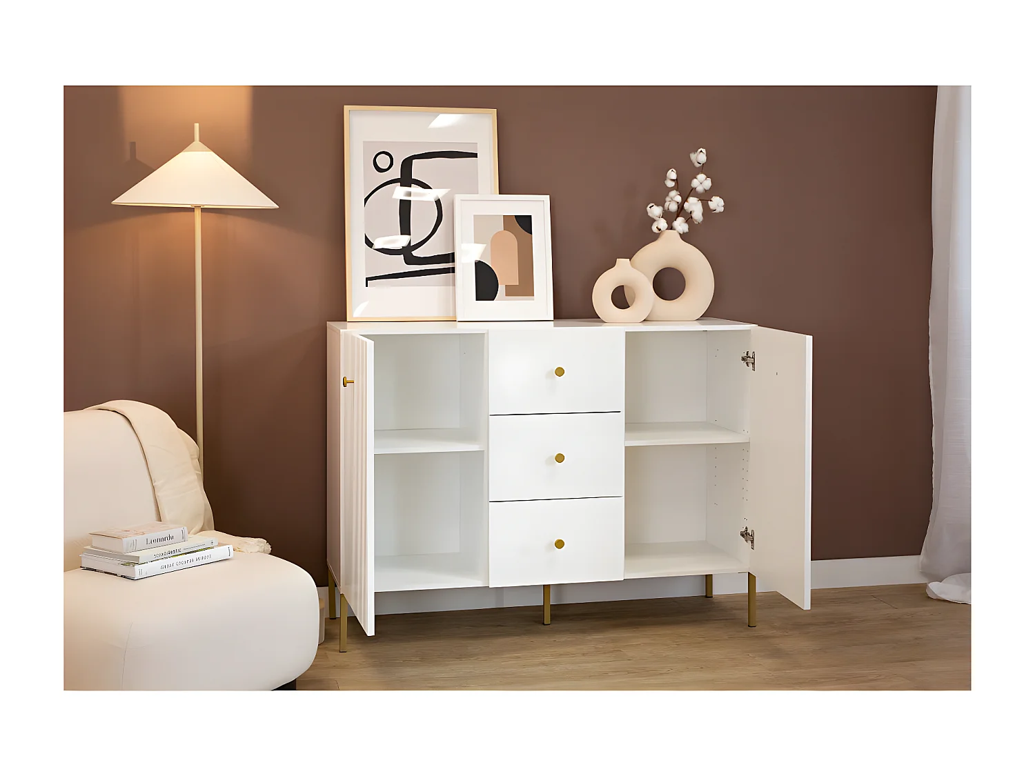 BUFFET BAS VIENA 2 Portes - 3 Tiroirs Blanc - Doré