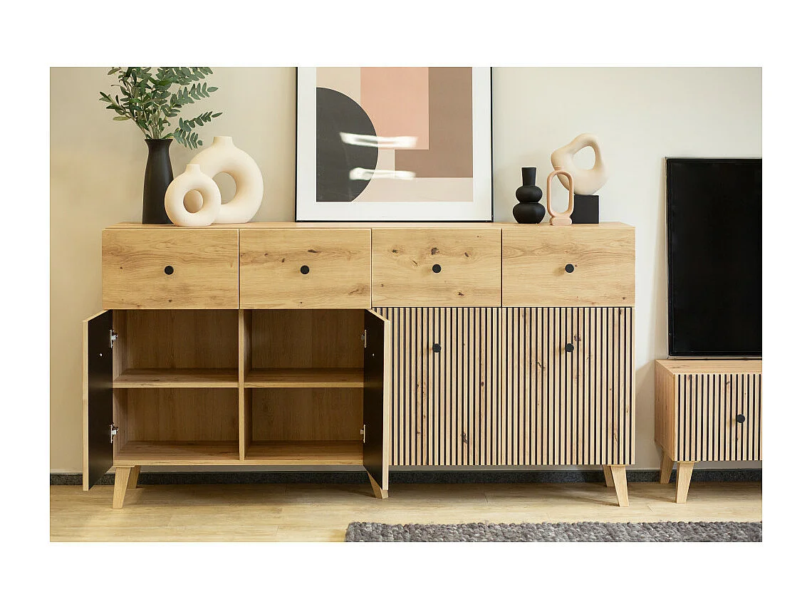 BUFFET BAS BERLIN 4 Portes - 4 Tiroirs Chêne