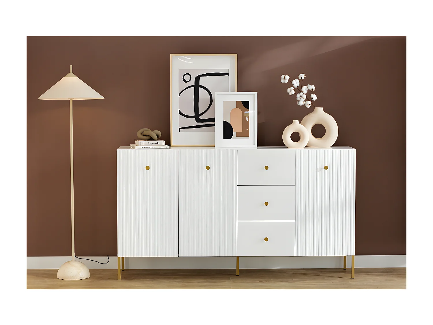 BUFFET BAS VIENA 3 Portes - 3 Tiroirs Blanc - Doré