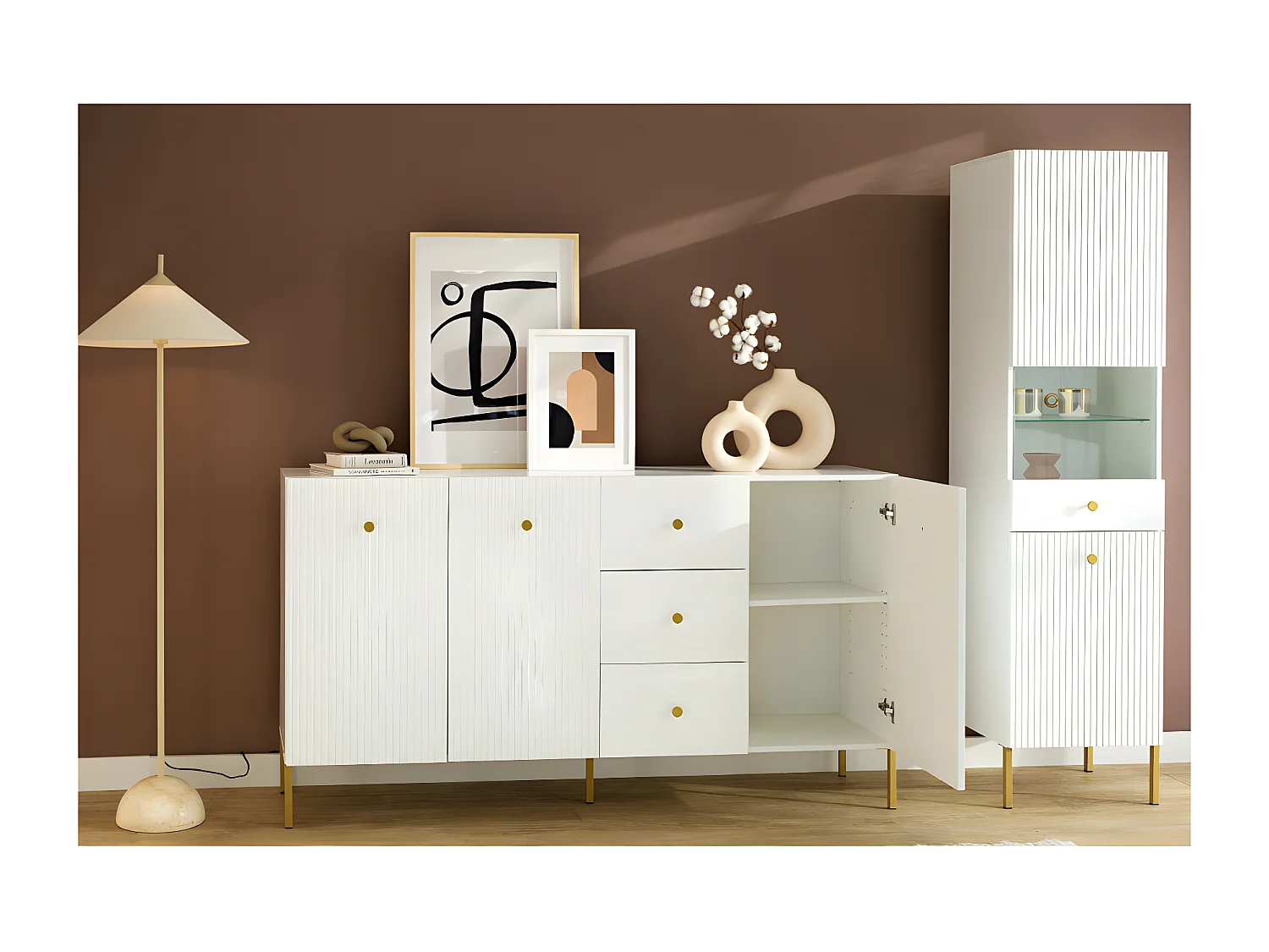 BUFFET BAS VIENA 3 Portes - 3 Tiroirs Blanc - Doré