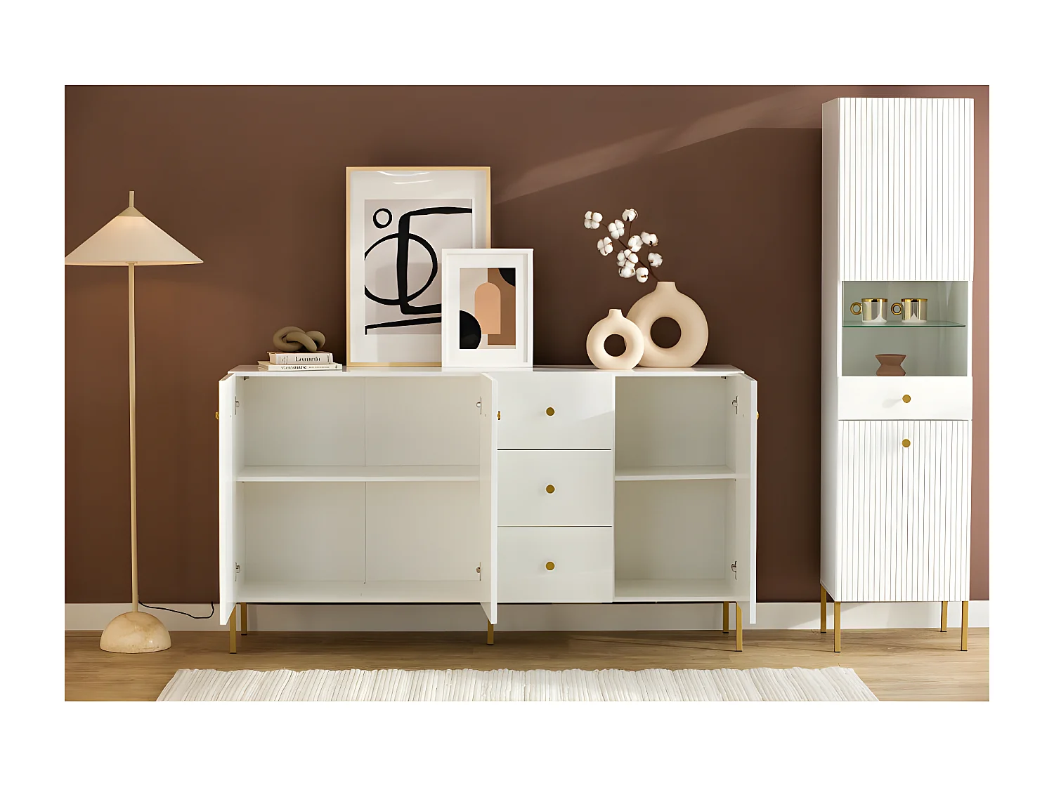 BUFFET BAS VIENA 3 Portes - 3 Tiroirs Blanc - Doré
