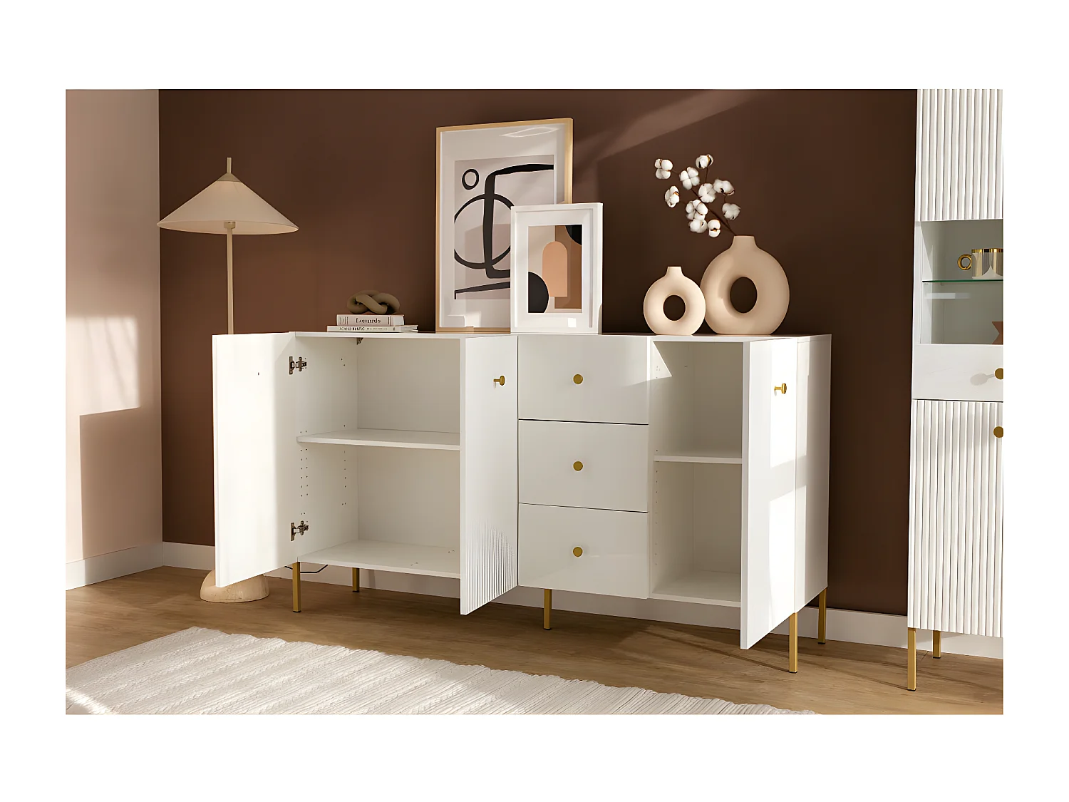 BUFFET BAS VIENA 3 Portes - 3 Tiroirs Blanc - Doré