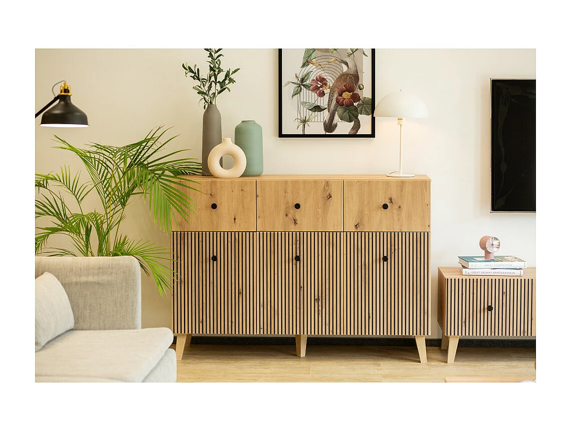 BUFFET BAS BERLIN 3 portes - 3 Tiroirs - 135 cm Chêne