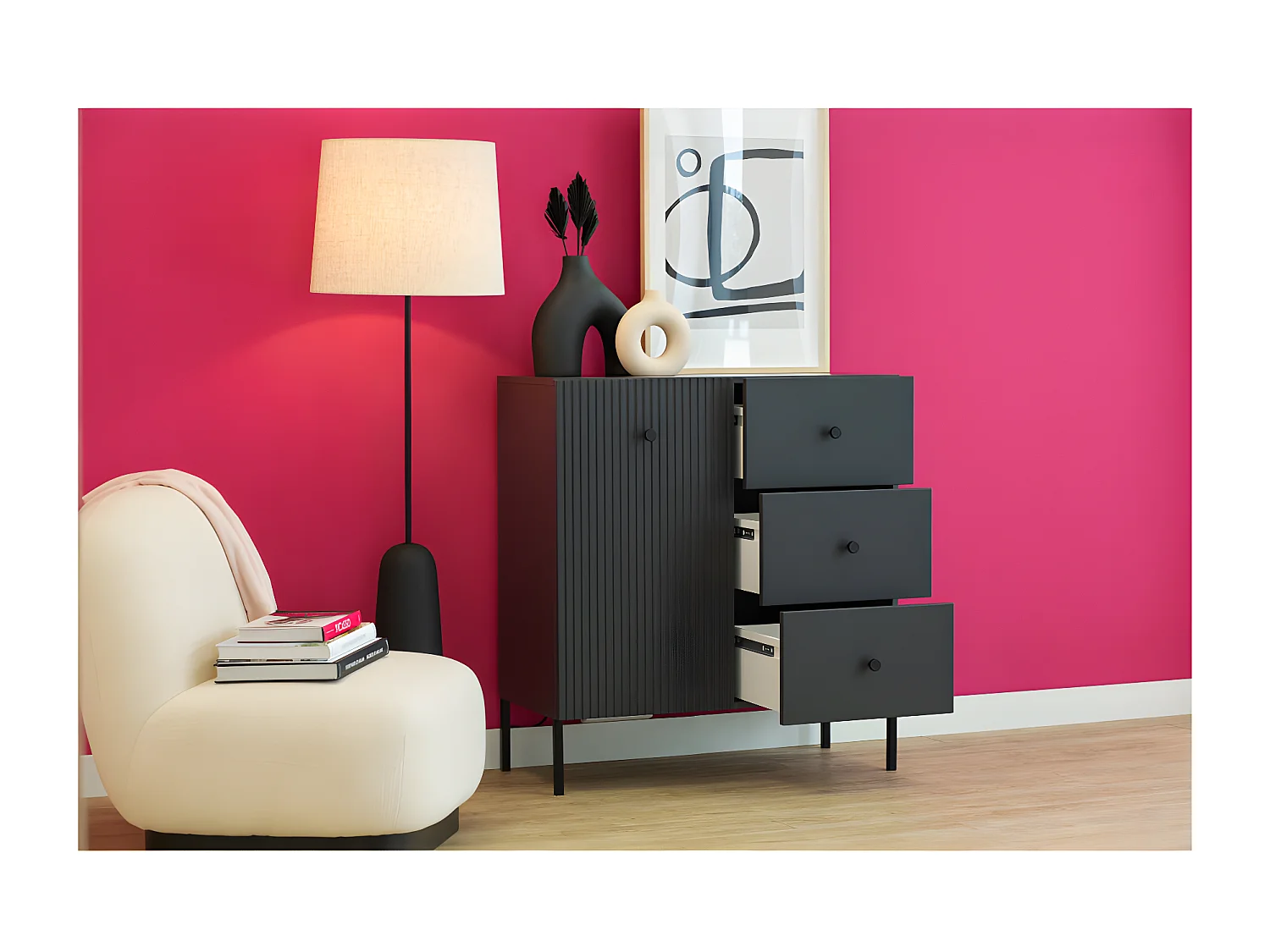 Buffet VIENA 1 Portes - 3 Tiroirs Gris