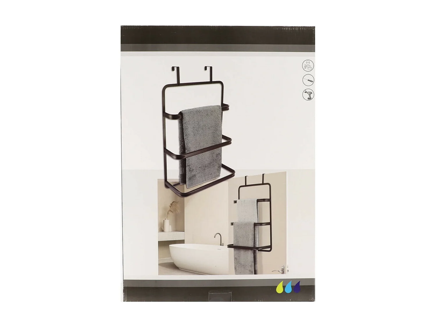 Porte-serviettes 3 barres en métal noir à suspendre sur porte