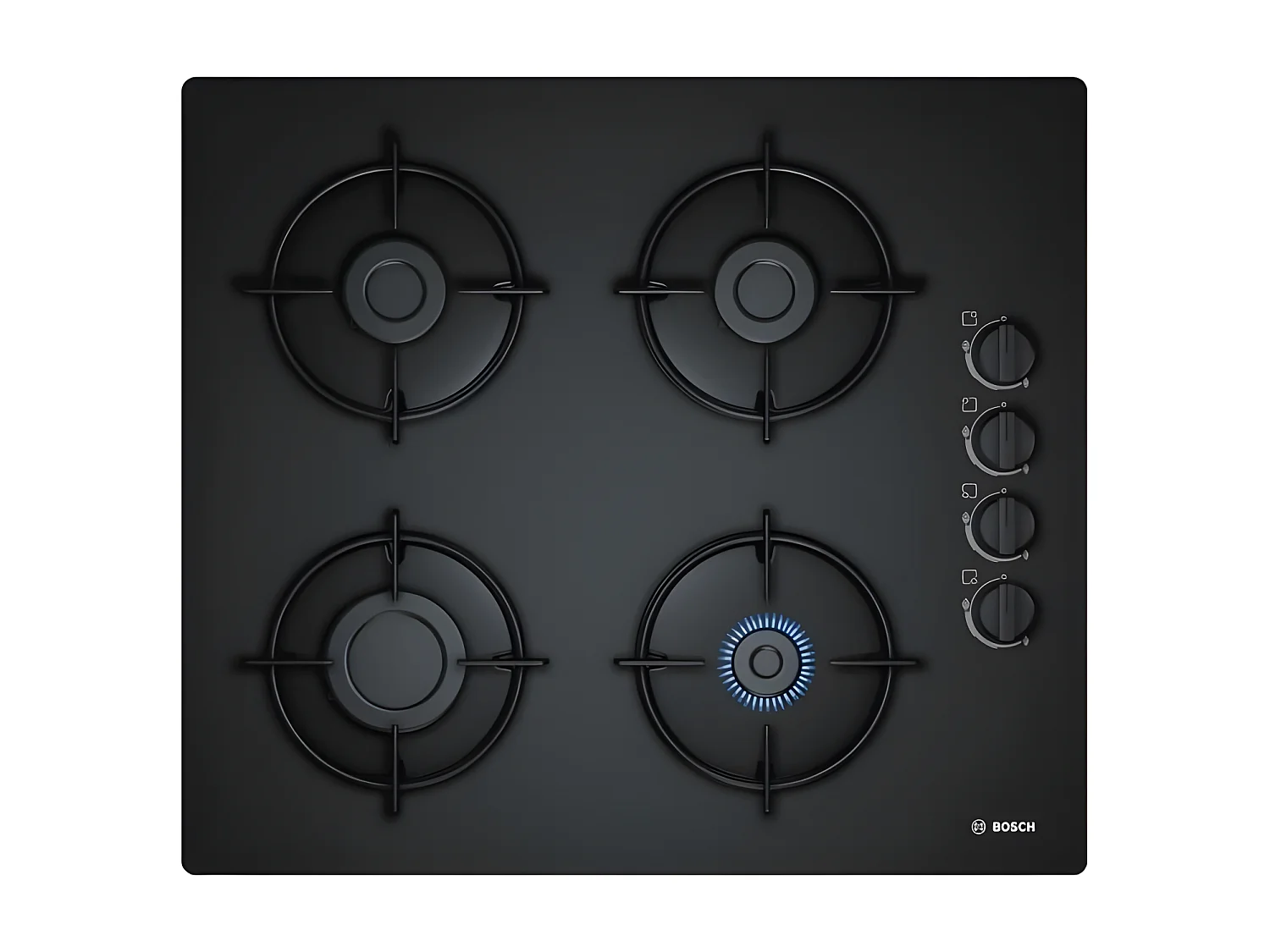 BOSCH POP6B6B10 Table de cuisson gaz - 4 foyers - 7400W - L56 x P48cm - Revetement verre trempe - Noir