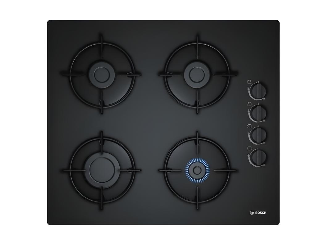 BOSCH POP6B6B10 Table de cuisson gaz - 4 foyers - 7400W - L56 x P48cm - Revetement verre trempe - Noir