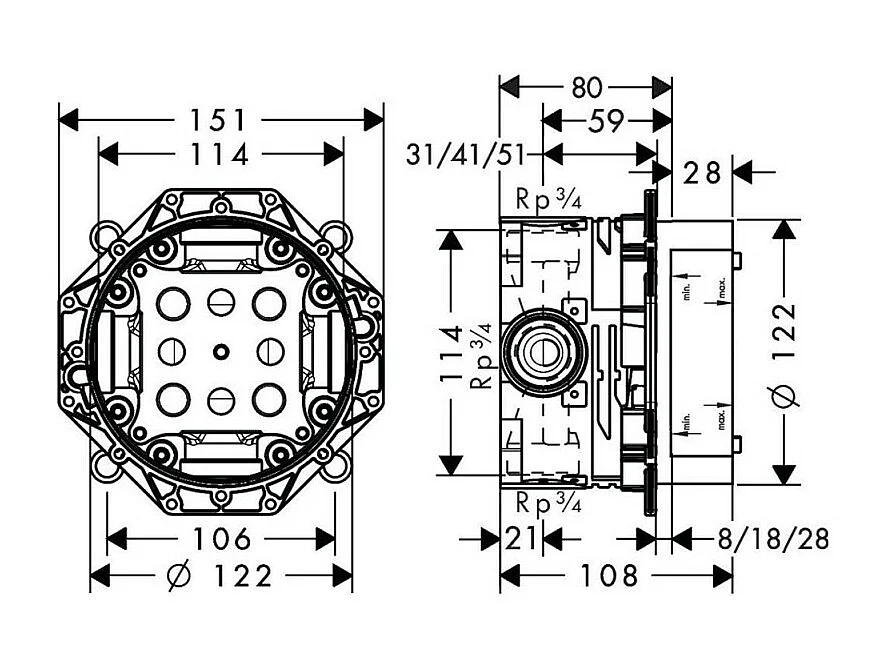 Façade pour mitigeur thermostatique encastré HANSGROHE ShowerSelect avec 2 fonctions bronze brossé et corps encastré iBox