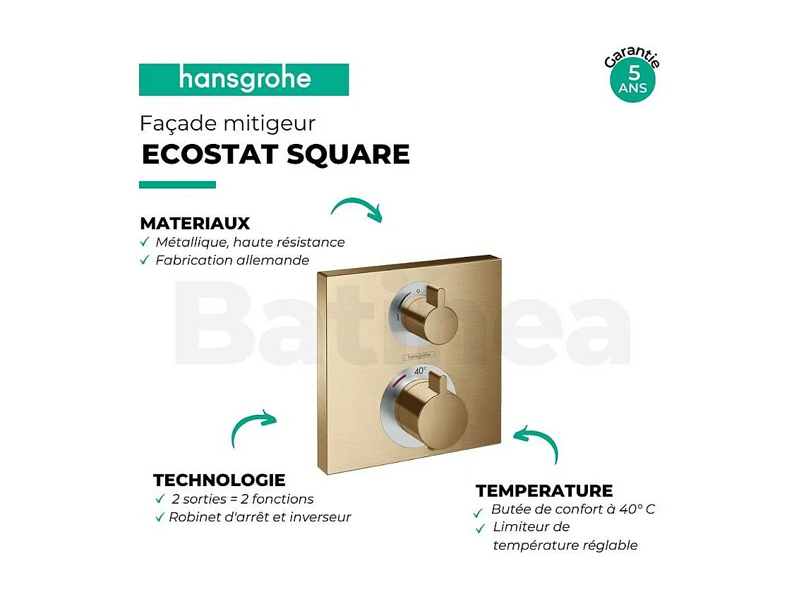HANSGROHE Façade pour mitigeur thermostatique encastré Ecostat Square avec robinet d'arrêt et inverseur bronze brossé