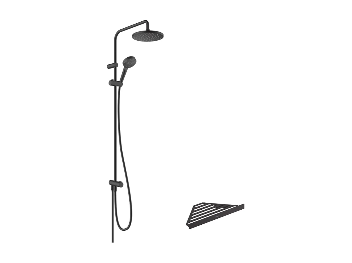 Colonne de douche ou bain douche sans mitigeur HANSGROHE Vernis Blend 200 noir mat + tablette AddStoris