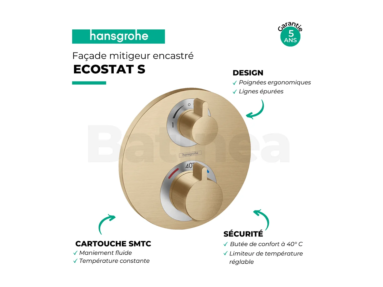 HANSGROHE Facade pour mitigeur thermostatique encastré Ecostat S robinet d'arrêt et inverseur bronze brossé + Corps encastré