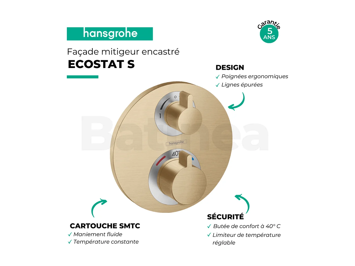 HANSGROHE Facade pour mitigeur thermostatique encastré Ecostat S robinet d'arrêt et inverseur bronze brossé + Corps encastré