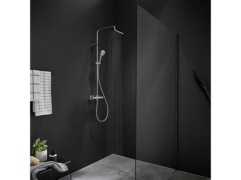 Colonne de douche thermostatique HANSGROHE Vernis Shape 230 Green chromé + tablette AddStoris