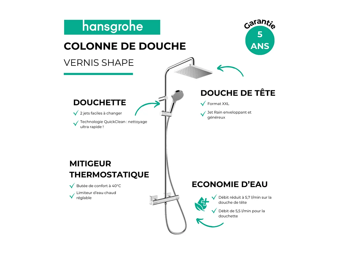 Colonne de douche thermostatique HANSGROHE Vernis Shape 230 Green chromé + tablette AddStoris