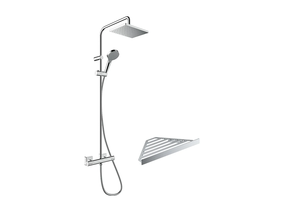 Colonne de douche thermostatique HANSGROHE Vernis Shape 230 Green chromé + tablette AddStoris