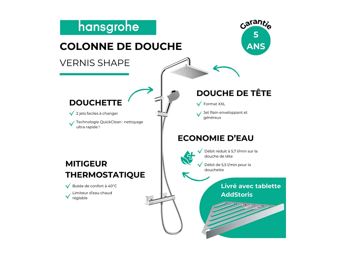 Colonne de douche thermostatique HANSGROHE Vernis Shape 230 Green chromé + tablette AddStoris