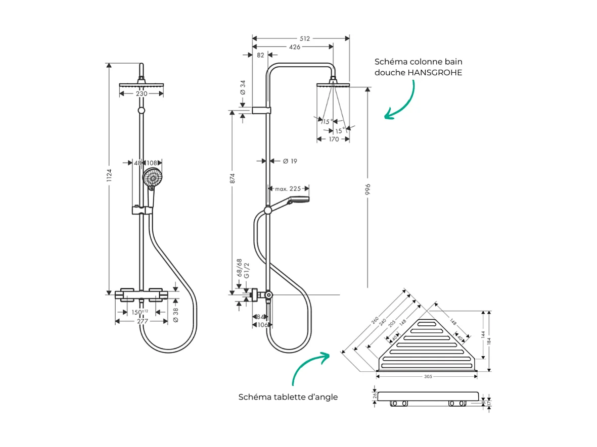 Colonne de douche thermostatique HANSGROHE Vernis Shape 230 Green chromé + tablette AddStoris