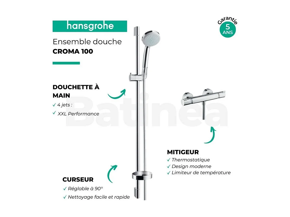 Ensemble douche HANSGROHE Croma + mitigeur thermostatique Vario, barre 65cm