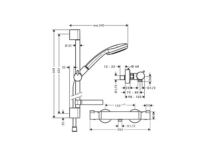 Ensemble douche HANSGROHE Croma + mitigeur thermostatique Vario, barre 65cm