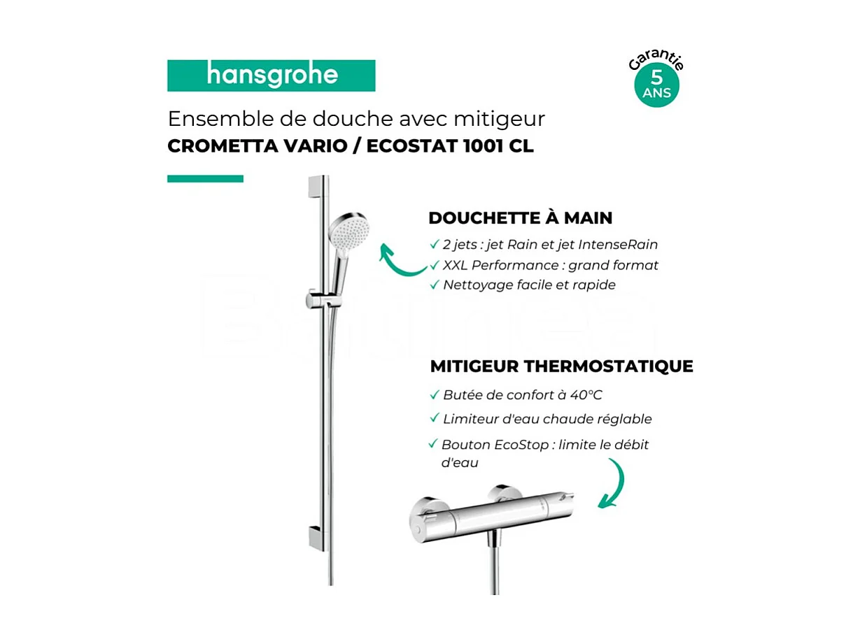 Pack mitigeur douche thermostatique HANSGROHE Ecostat 1001 CL + Barre et pommeau de douche Crometta Vario 2 jets Chromé