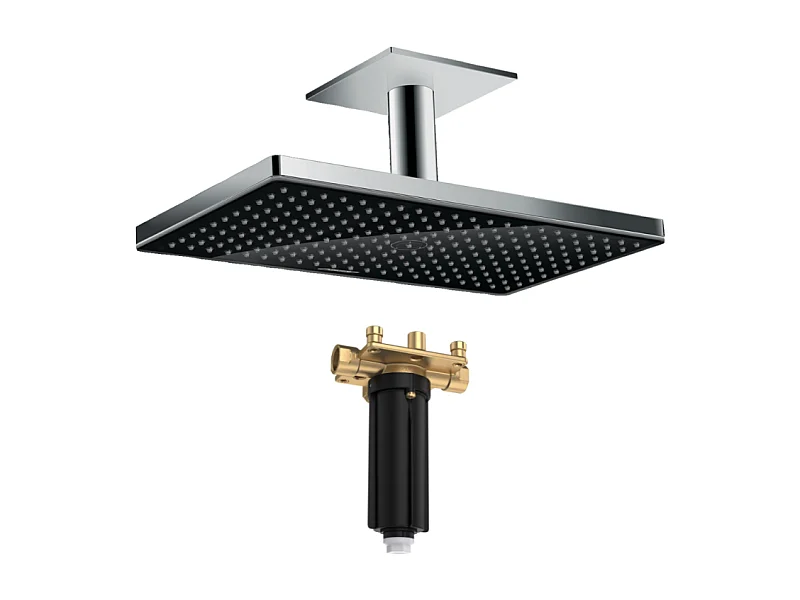 Douche de tête 460 1jet avec raccord plafond noir/chromé  + Corps d'encastrement pour douche de tête avec raccord plafond
