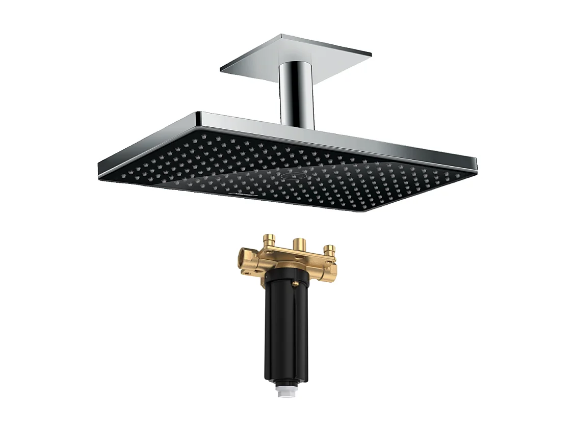 Douche de tête 460 1jet avec raccord plafond noir/chromé  + Corps d'encastrement pour douche de tête avec raccord plafond