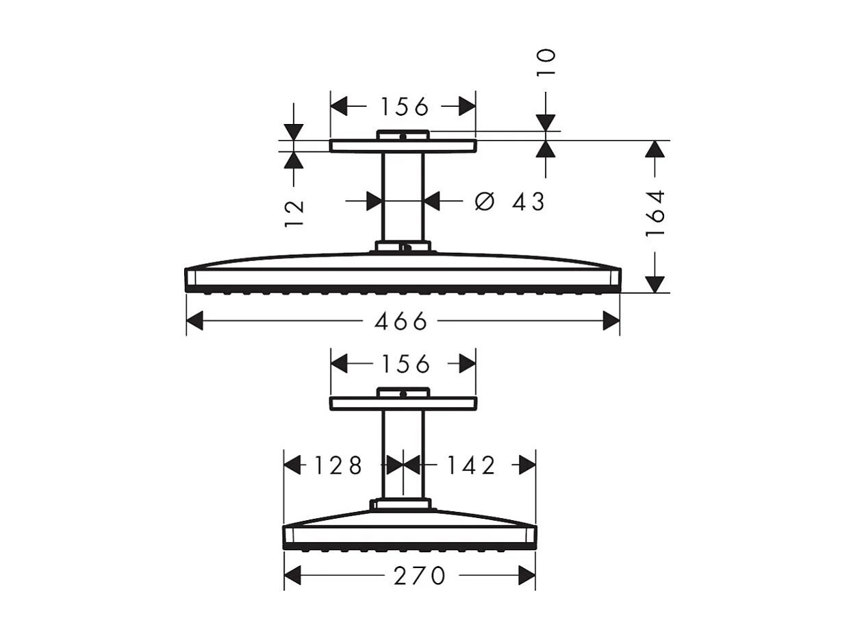 Douche de tête 460 1jet avec raccord plafond noir/chromé  + Corps d'encastrement pour douche de tête avec raccord plafond