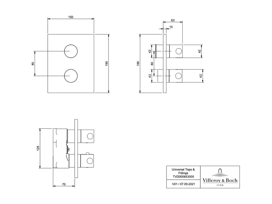 Mitigeur thermostatique encastré 2 voies VILLEROY ET BOCH Universal rectangle Brushed Nickel Matt