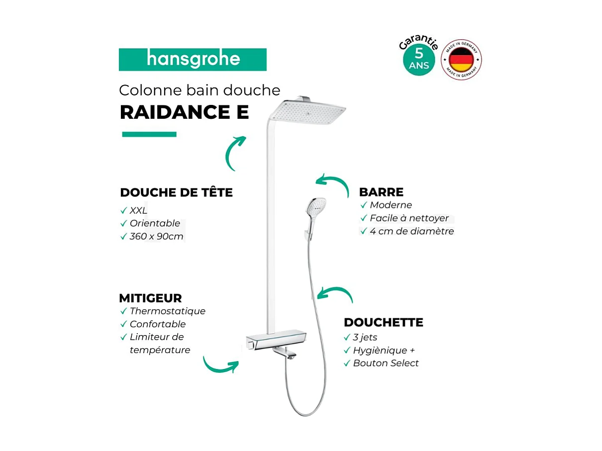 Colonne bain douche thermostatique HANSGROHE Raindance E 360 chromé + tablette AddStoris
